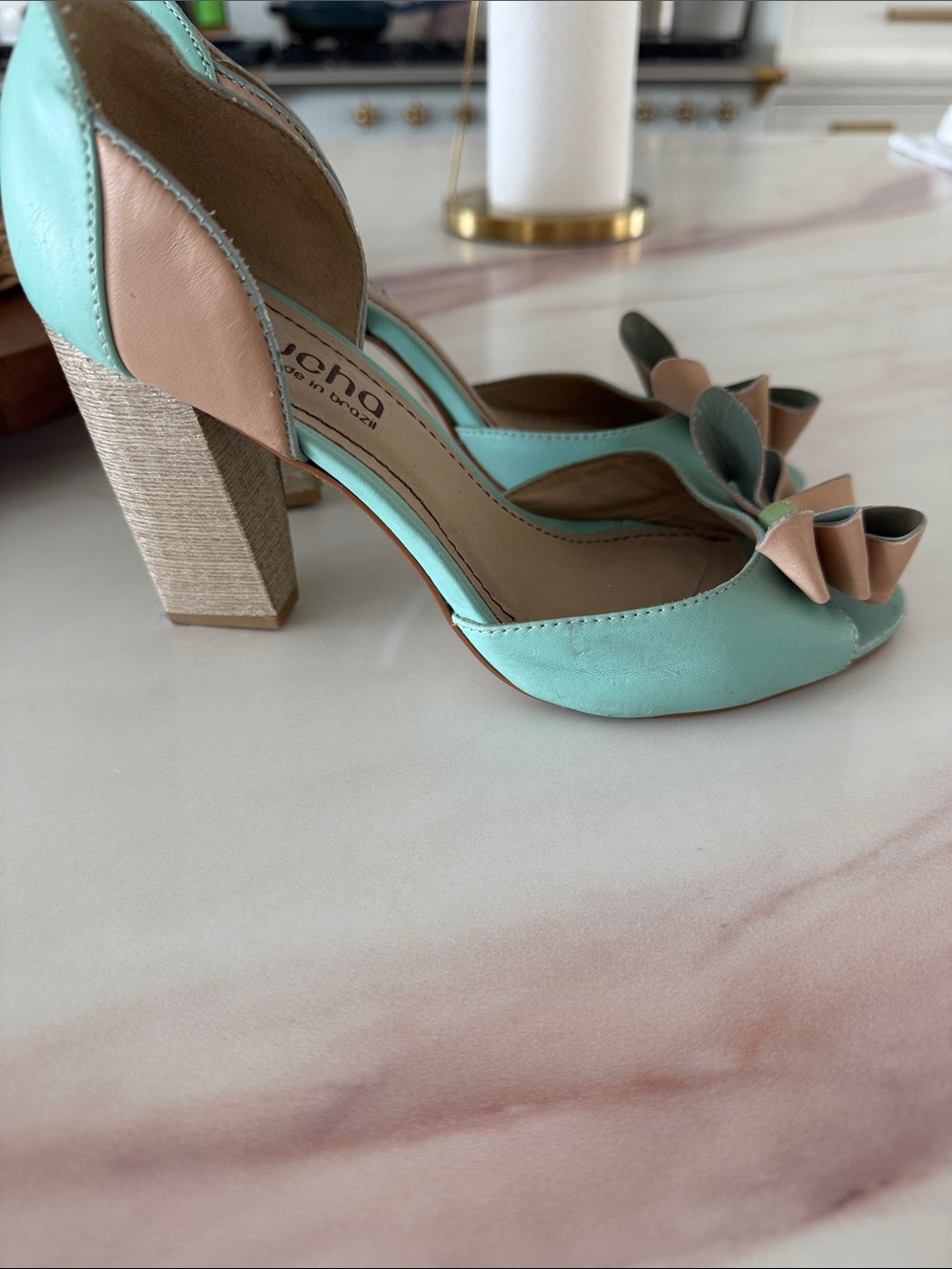 Miucha Mint Green & Peach Peep-Toe Block Heel Pumps - Picture 3 of 5